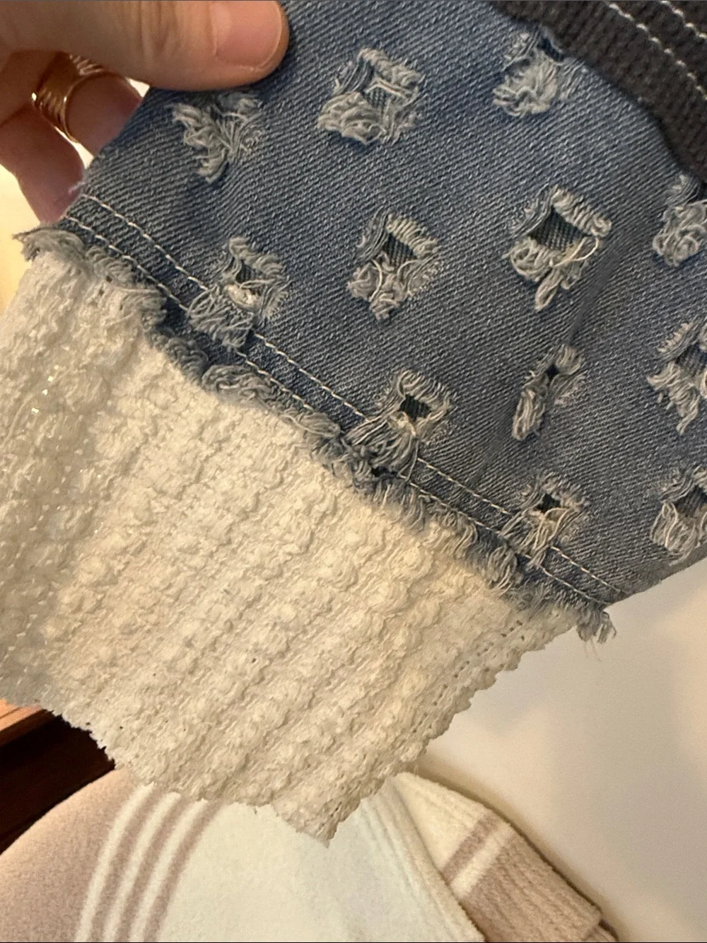 Pol Distressed Patchwork Pullover - Blue, Dark Gray, Cream - Picture 8 of 15